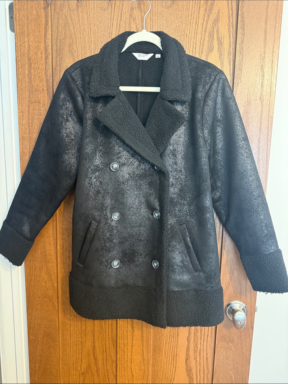 Candace Cameron Bure Black Double-Breasted Faux Shearling Coat
